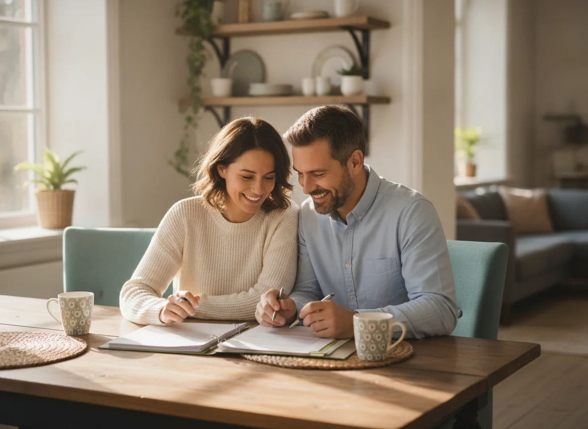 Couple reviewing paperwork at home