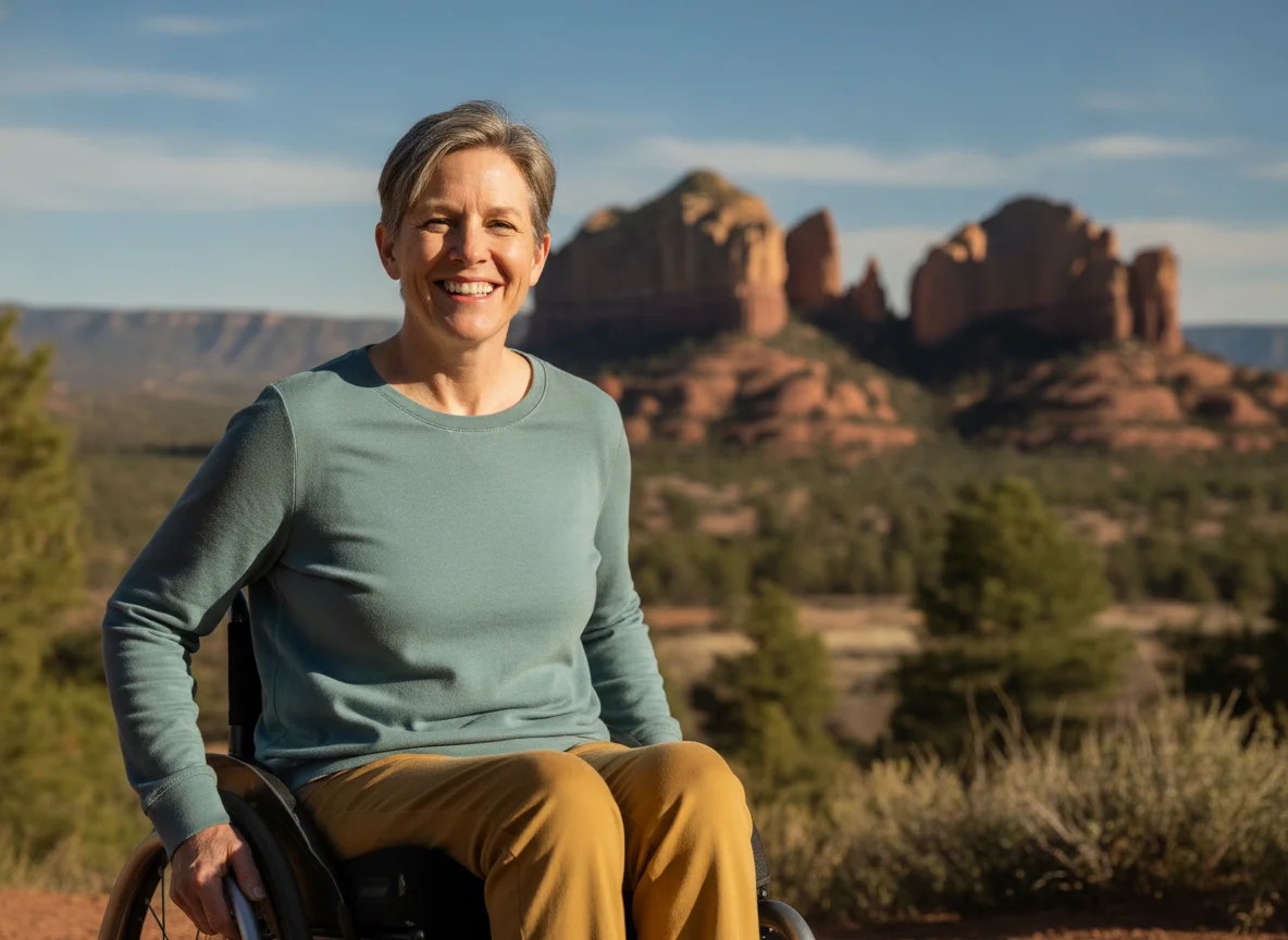 Smiling adult using a wheelchair outdoors